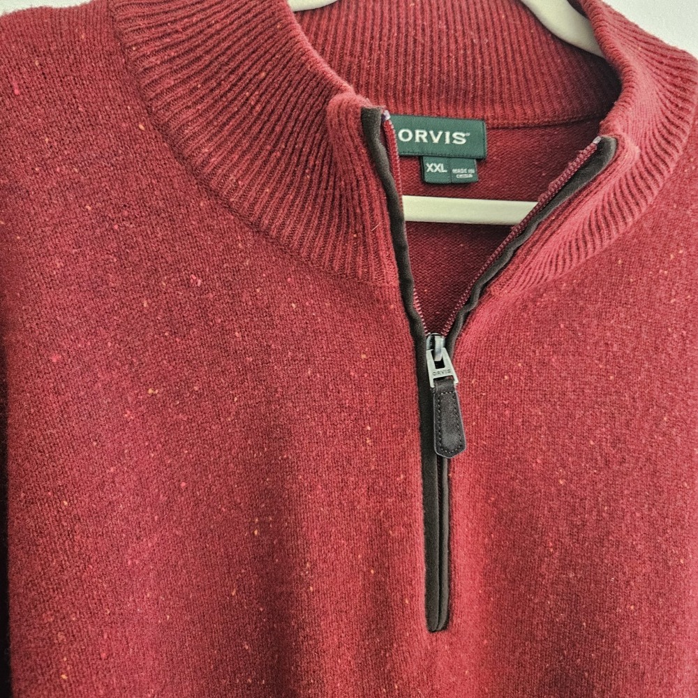 Orvis Sweater Mens 2XL Red 100% Wool 1/4 Zip Mock Neck Pullover Knit Classic Fit